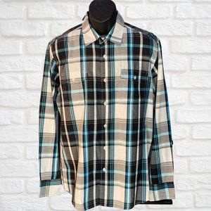 Shiekh Long Sleeve Plaid Check Button Down Shirt | Black/Turquoise/Grey/Wht | L